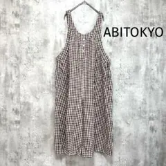 【ABITOKYO】ギンガムチェックオールインワン 茶×白 ゆったり 薄手のサムネイル
