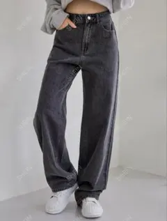 DAZY スラントポケット ダークグレー ハイウエスト ワイドレッグ デニム