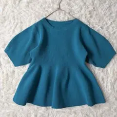 ti.　ティールカラー フレアシルエット ニット半袖トップス　S◆A1070