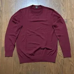 着用3回 UNIQLO 100%ウール クルーネックニット ワイン L 薄手秋冬