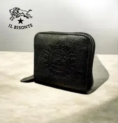 美品 IL BISONTE サークルロゴ 二つ折り財布 シボレザー ブラック