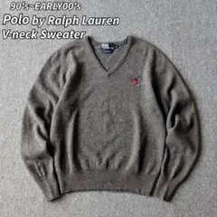90s 00s ラルフローレン ラムウール セーター Vネック グレー 刺繍 M