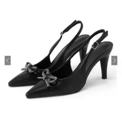 ビジュー付きリボン ブラックヒール