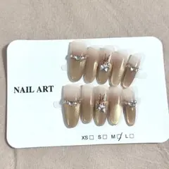 ネイルチップ オーロラベージュ×リボン うさぎビジュー ガーリーネイル