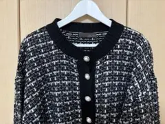 【値下げ】ツイード　ニットカーディガン　ボレロ　チェック 黒　M パール