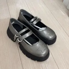 シルバー 厚底ローファー ダブルストラップ