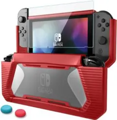 スイッチ Switch カバー ケース + ガラスフィルム＋キャップ セット 赤