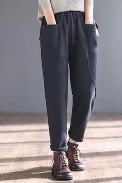 XL極暖裏起毛★ゆったり総ゴムポケット付デザインパンツ♪黒XL