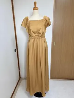 黄色マスタード色フリルノースリーブロングワンピース