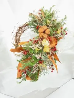 ✴︎茶　ドライフラワーのクリスマスハーフリース　しめ縄風✴︎
