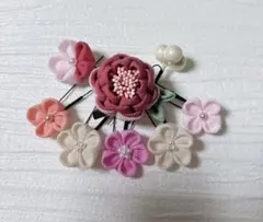 No.746【ピンク系】つまみ細工　カメリアと小花の髪飾りセット