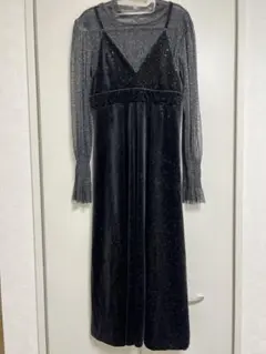 【美品】黒 ベルベット キャミワンピース グリッター メッシュ トップス 2点