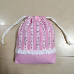 ピンク系 花柄 ドット チェック 水玉 お着替え袋 シューズ入れ 巾着袋