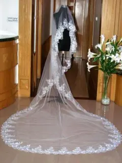ホワイト純白レース刺繍入りマリアベールウエディングベール 撮影 挙式チャペル