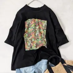 極美品★prit プリット オーガニックローンメドウプリント Ｔシャツ 花柄 黒のサムネイル