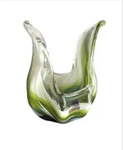 昭和レトロ KURATAGLASS フリルガラス フラワーベース マーブル 緑