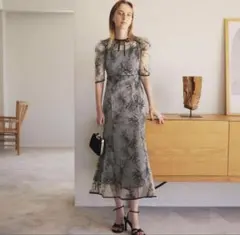 Leja レジャ　花柄リボンパフスリーブマーメイドワンピースドレス　Sサイズ