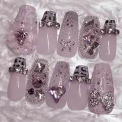 15 現品 量産型 ワンホン ちゅるん ピンク ツイード リボン ネイルチップ