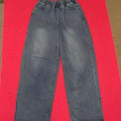 【定番】ゆったり ワイドデニム バレルレッグ テーパードパンツ ウエストゴム M