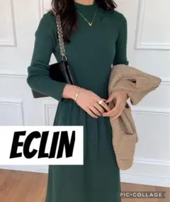 ECLIN ハイネックリブ切替ニットワンピース　長袖　グリーン　レディースのサムネイル