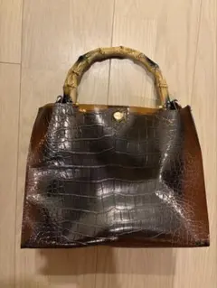 クロコ型押し バンブーハンドル ハンドバッグ