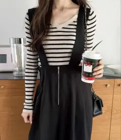 GeeRA フロントジップハイウエストサロペット ブラック / M