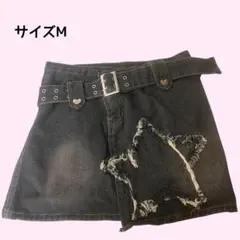 Y2K 星 ダメージ 加工 デニムスカパン ベルト付き 韓国 ミニスカ ブラック