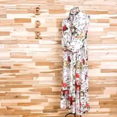 【ザラ】ボタニカル フラワー花柄 ティアード ロング ワンピース S白×カラフル