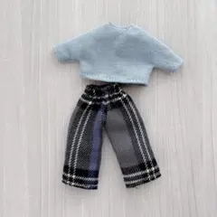 チェックパンツグレー＋グレーブルー長袖トップス2枚セット