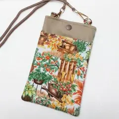 ✡️北欧風ガーデンプリントポケット付きスマホショルダーバッグ~ハンドメイド