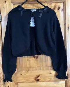 青木美沙子 しまむら m♡petit リボン付きフリルカーディガン 黒 LL