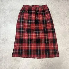 赤と黒のチェック タイトスカート ひざ丈古着