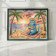 【青い猫】　夕暮れ アートポスター　ミッドセンチュリー　ギフト　猫　横　A4