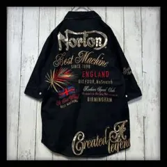 【Norton】ノートン☆豪華刺繍☆リネン混☆半袖シャツ 裏地花柄切替ブラックMのサムネイル