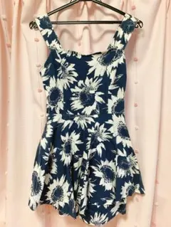 【お値下げ】バイバイ　ひまわり　花柄　ネイビー　ロンパース　ミニワンピース