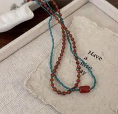 ブルーレッドビーズネックレス　ガラスビーズ　ヴィンテージ　アンティーク　レトロ