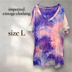 海外ブランド タイダイ柄 Vネック Tシャツ L パープル ピンク 古着