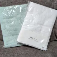 HABA STYLE 長尺タオル2枚セット 白色(ダイヤ柄)、グリーン無地