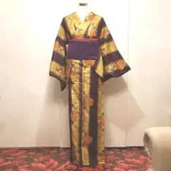 やまと着物新品/洗える一重の着物/綺麗な紫色に金茶に花