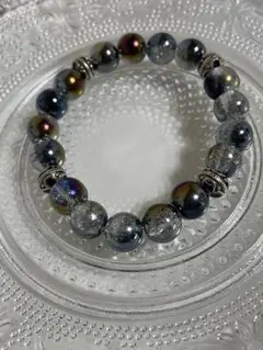 No.55ビーズブレスレット メンズ かっこいい グレーと黒 キラキラアクセント