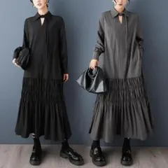 新品 大きいサイズ ゆったり ティアード ロングワンピース グレー ギャザーj