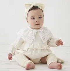 襟付きレースロンパース　長袖ロンパース　プティマイン　生成り