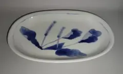 有田焼・手書きオオバコ絵楕円21cm皿・中古品