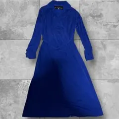 ローマ岩島 レトロ ブルー チェック柄 長袖シャツワンピース 9号 M