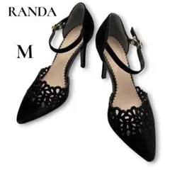 RANDA カットワークセパレートパンプス ブラック 花柄 スエード ストラップ