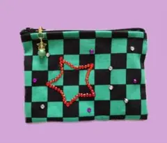 市松模様/ポーチ/キラキラ/ガラスストーン/パール/ファスナー