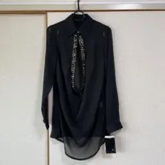 ブラック シアーブラウス ビジュー装飾 長袖シャツ　Mのサムネイル