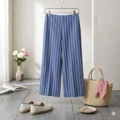 ZARA ザラ 【M】ストライプ柄 ワイドパンツ クロップド丈 ブルー