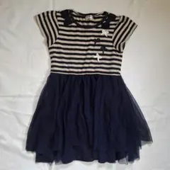 女の子　ワンピース　130　半袖　ボーダー　リボン　ネイビー
