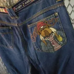 W95ビッグ【90sハーディエイミス】《ソフトデニムハーフパンツ》デカ刺繍キャラ